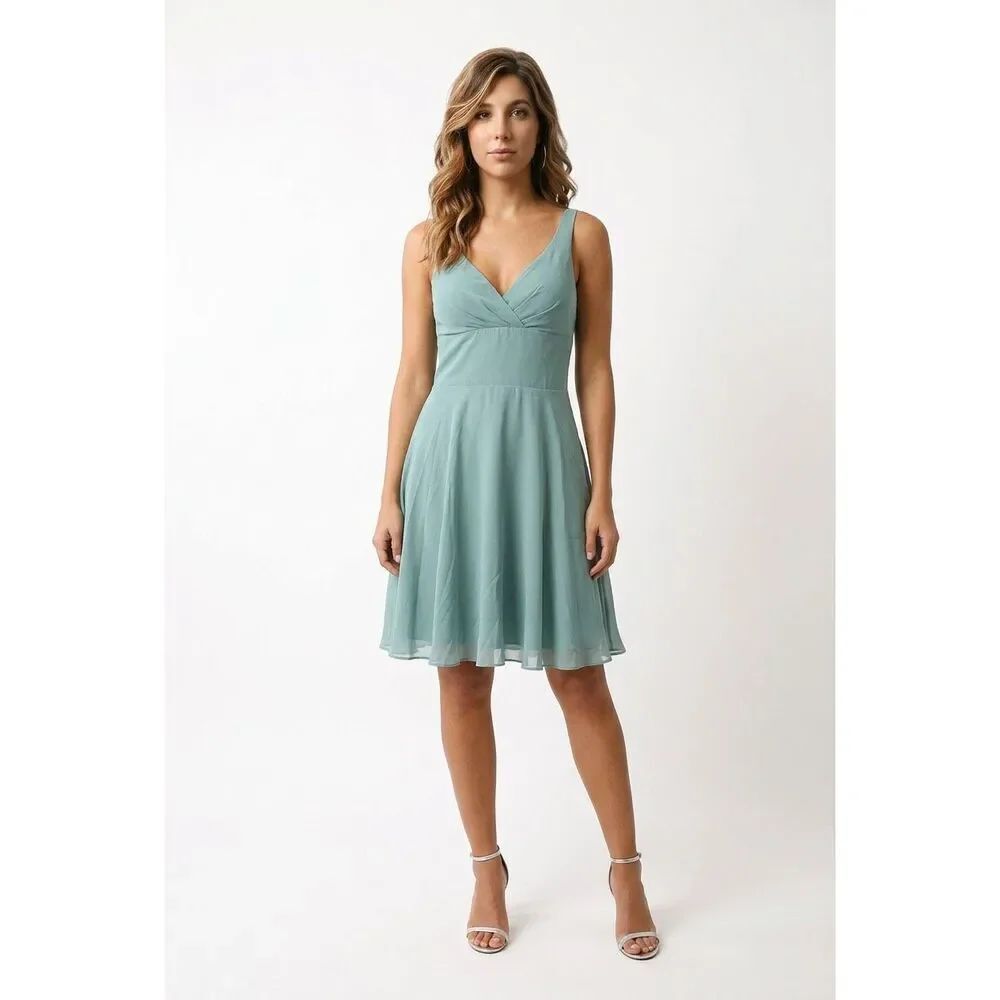 Azazie Diana, knee-length, V-neck bridesmaid/cocktail dress Sz 4 Sage Green/Agav